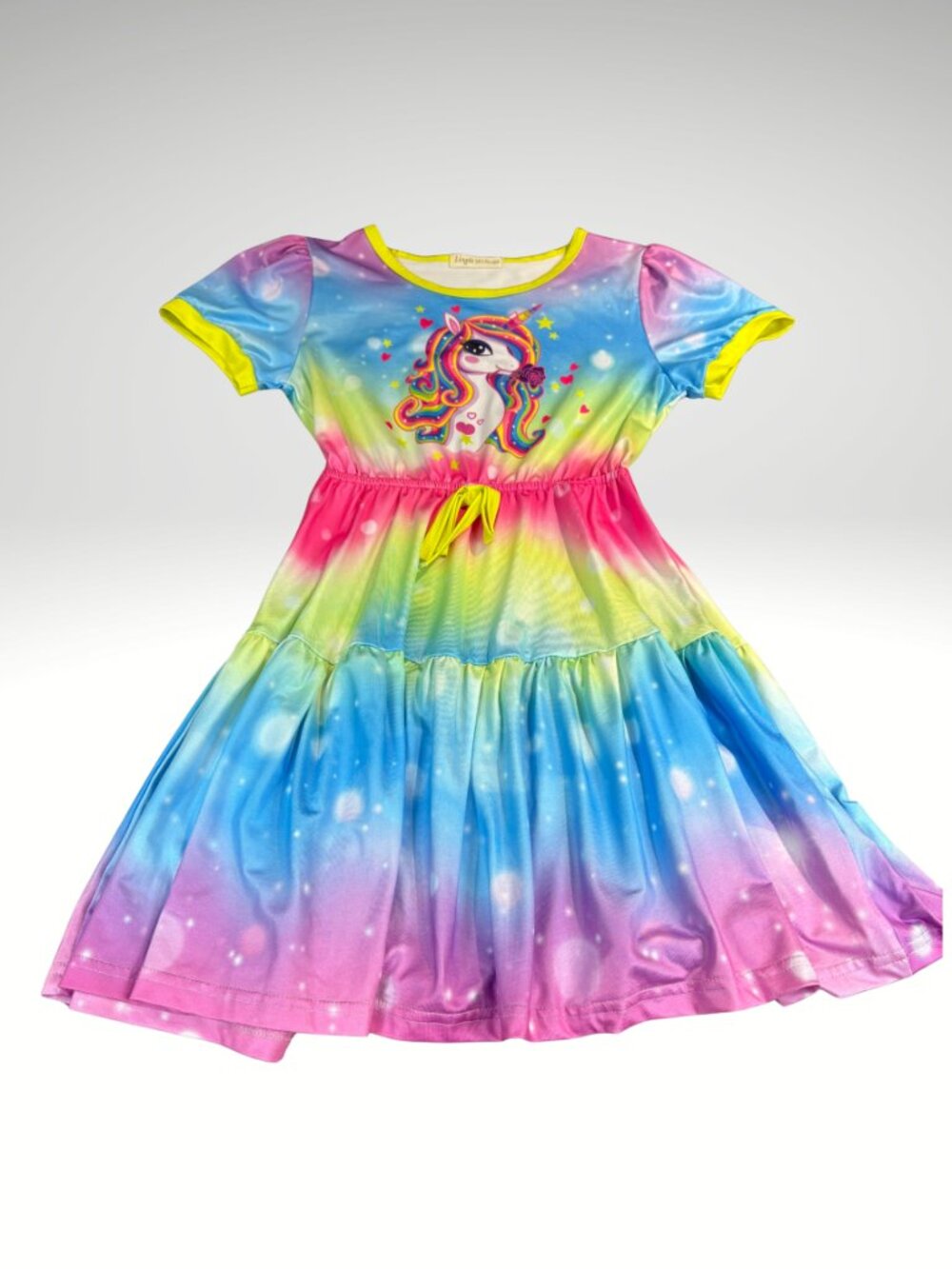 Rainbow Unicorn Twirl Dress Girls Tiered Short Sleeve Size 8 (SKU:157G)